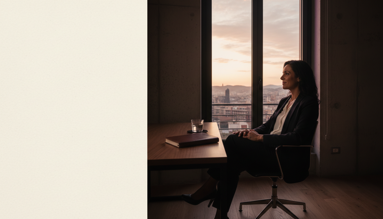 Profesional descansando y reflexionando junto a una ventana al amanecer en Barcelona
