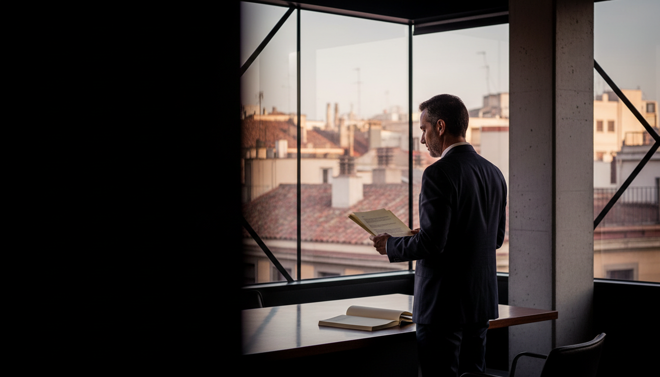 Profesional revisando documentos de trabajo junto a una ventana en una oficina de Barcelona