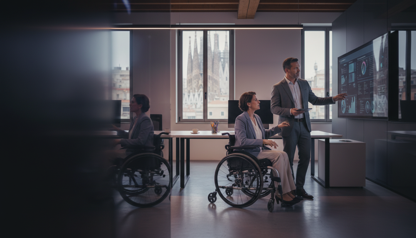 Dos profesionales colaborando en un espacio de trabajo accesible y luminoso
